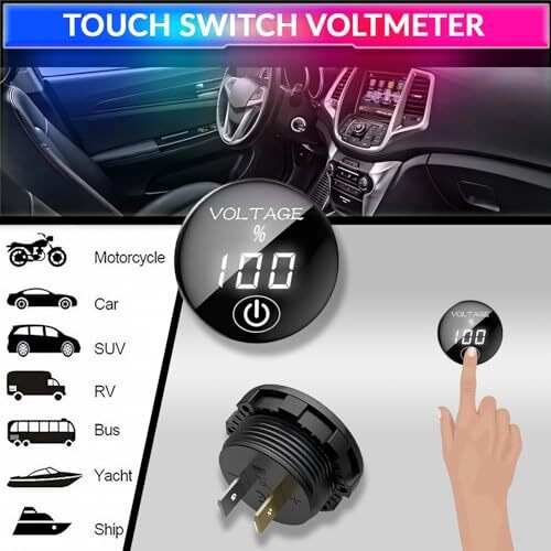 Amicismart Dc 5V-48V Battery Capacity Indicator Digital Voltmeter For Car Motorcycle With On/Off Touch Switch For Lead Acid Battery,Black