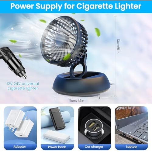 Sthira Foldable Car Fan 12 Volt Hi Speed For Cigarette Lighter 12V Usb Fan For Car 3-Speed Small Fan For Face With Switch 360  Rotatable Quiet Car Cooling Fan Plug And Go, 1.5M Cable, 11X11X13Cm