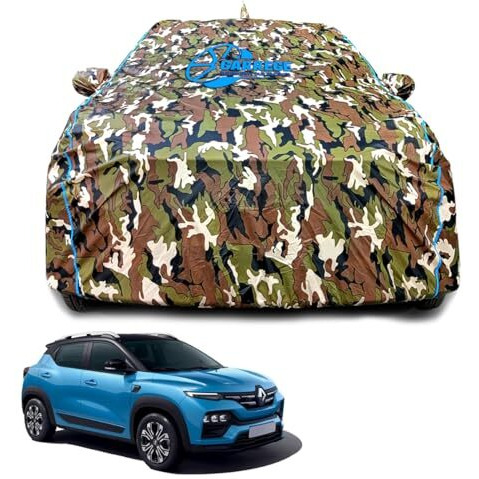 Garrege Waterproof Car Body Cover Compatible For Renault Kiger With Mirror Pocket And Antenna Pocket, Triple Stitched (Dynamite Jungle Print With Blue Piping Design)