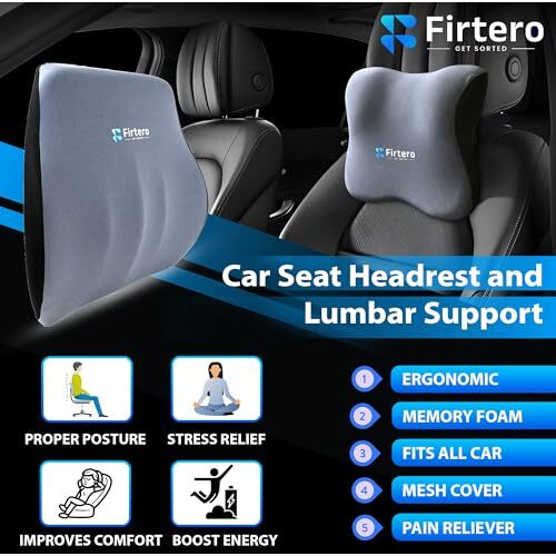 Firtero Car Neck Rest Cushion & Waist Support Pillow Combo  Stylish Ergonomic Memory Foam For Car Seats & Office Chair, Premium Comfort & Posture Support, Gray