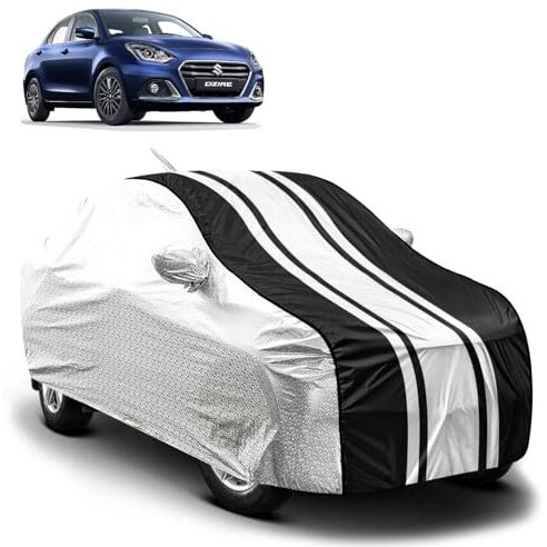 Fabtec Car Body Cover For Maruti Dzire (2017-2024) Waterproof Uv & Rain Protection Metallic Silver With Black Stripes Car Cover With Mirror And Antenna Pocket Bottom Elastic Full Size Car Cover