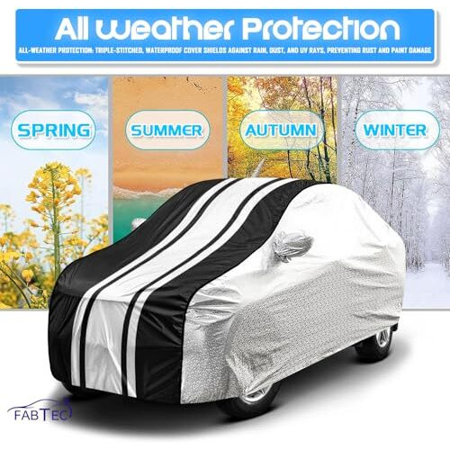 Fabtec Car Body Cover For Maruti Dzire (2017-2024) Waterproof Uv & Rain Protection Metallic Silver With Black Stripes Car Cover With Mirror And Antenna Pocket Bottom Elastic Full Size Car Cover