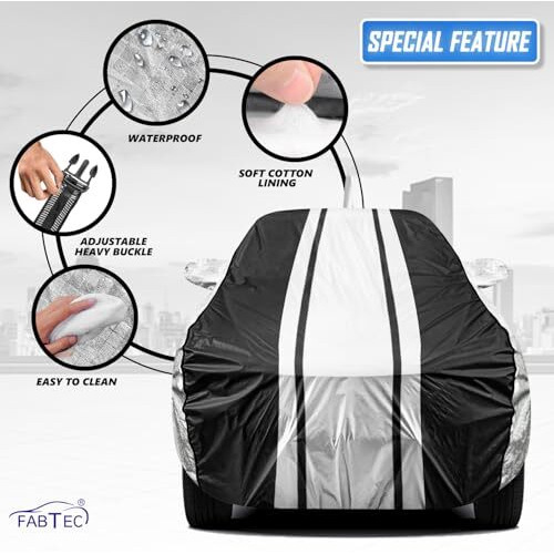 Fabtec Car Body Cover For Maruti Dzire (2017-2024) Waterproof Uv & Rain Protection Metallic Silver With Black Stripes Car Cover With Mirror And Antenna Pocket Bottom Elastic Full Size Car Cover