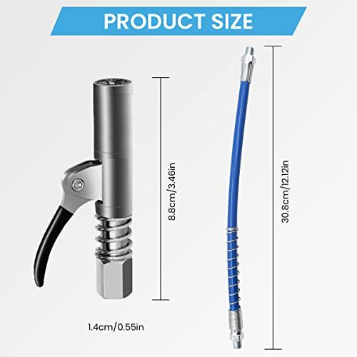 Sthira Grease Gun Coupler, Strong Lock Release Grease Coupler With 12" Spring Flex Hose, 12000 Psi Quick Release Metal Grease Gun Couplers Compatible With All Grease Guns 1/8" Npt Grease Gun Fitting