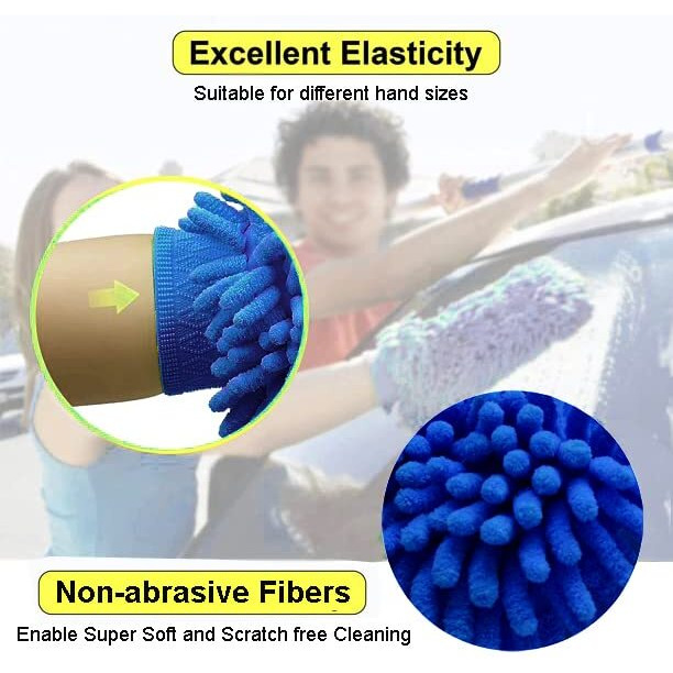 Microfiber Max Double Sided Microfibre Wash Mitt Cleaning Gloves (2 Pcs, 2400 Gsm, Size 26 X 19 Cm, Colour Blue, Extra Large, Super Absorbent, Big Chenille Mitt Glove)