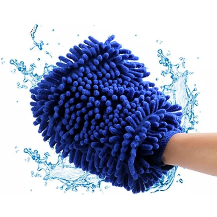 Microfiber Max Double Sided Microfibre Wash Mitt Cleaning Gloves (2 Pcs, 2400 Gsm, Size 26 X 19 Cm, Colour Blue, Extra Large, Super Absorbent, Big Chenille Mitt Glove)