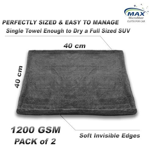 Max Microfiber Cloth For Car (1200 Gsm, 2 Pc, 40X40 Cm, Ocean Blue) Fastest Drying Towel, Twisted Loop, Super Absorbent & Lint Free Towel With Edgeless Design For Professional Car Drying & Cleaning