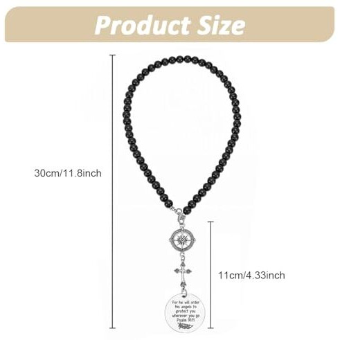 Sthira Guardian Angel Cross Car Mirror Hanging Car Charm With Psalm Verse Beaded Cross & Stainless Steel Compass Pendant For Rear Mirror Spiritual Car Hanging Accessories Interior Decor & Ideal Gift