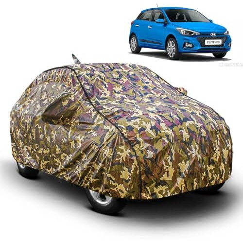 Fabtec Car Body Cover For Hyundai Elite I20 Jungle Print With Soft Cotton Lining Waterproof Car Cover Uv & Rain Protection With Mirror And Antenna Pocket Bottom Elastic (Military/Camouflage Pattern)