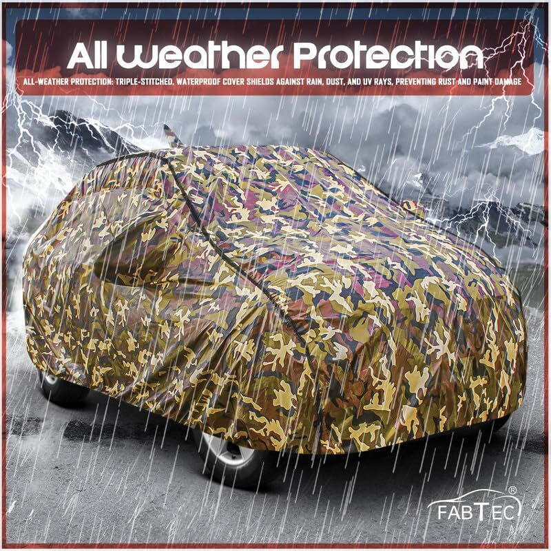 Fabtec Car Body Cover For Hyundai Elite I20 Jungle Print With Soft Cotton Lining Waterproof Car Cover Uv & Rain Protection With Mirror And Antenna Pocket Bottom Elastic (Military/Camouflage Pattern)