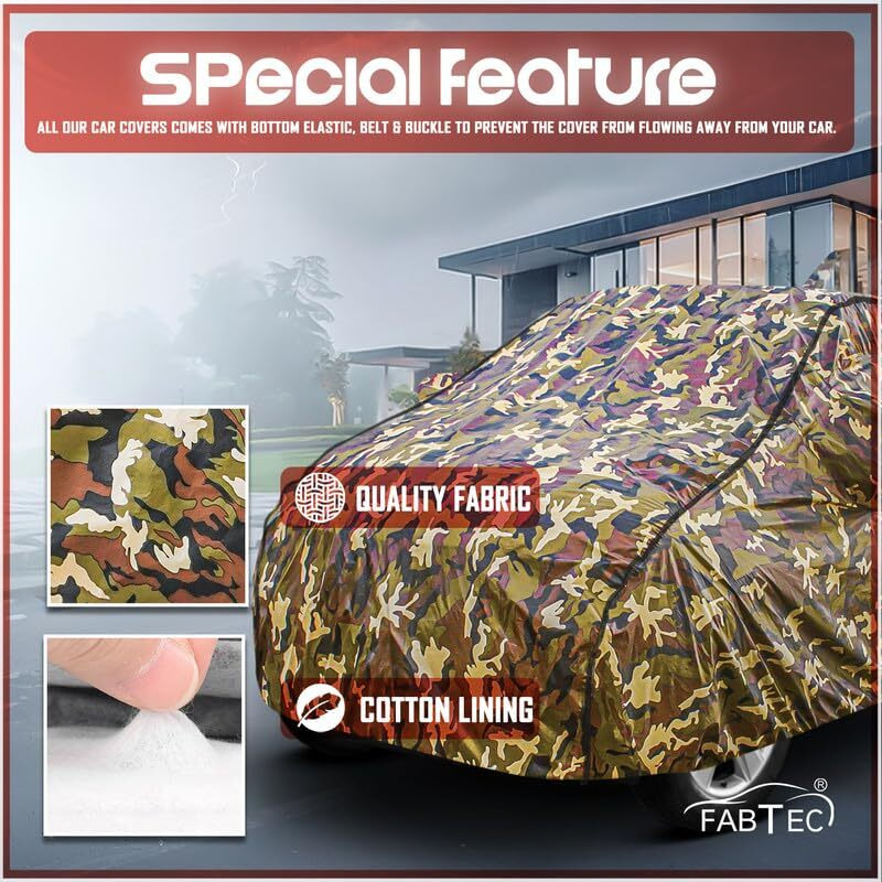 Fabtec Car Body Cover For Hyundai Elite I20 Jungle Print With Soft Cotton Lining Waterproof Car Cover Uv & Rain Protection With Mirror And Antenna Pocket Bottom Elastic (Military/Camouflage Pattern)