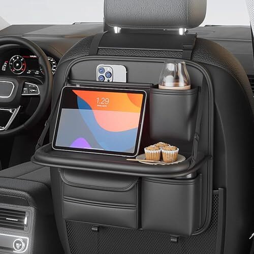 Arhat Organizers Car Back Seat Organizer With Foldable Tray | Multipurpose Dining & Storage Solution | Pu Leather Waterproof Car Seat Organizer For Mobile, Tablet, Bottle, Tissue & More (Black)