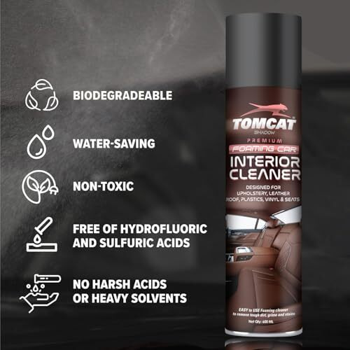 Tom Cat Foaming Car Interior Spray | Car Foam Cleaner Spray For Upholstery,Plastic, Leather Roof, Vinyl & Seats | Auto Care Accessories |Car Leather Seat Cleaner 600Ml (Pack Of 1) - Formulation 110X