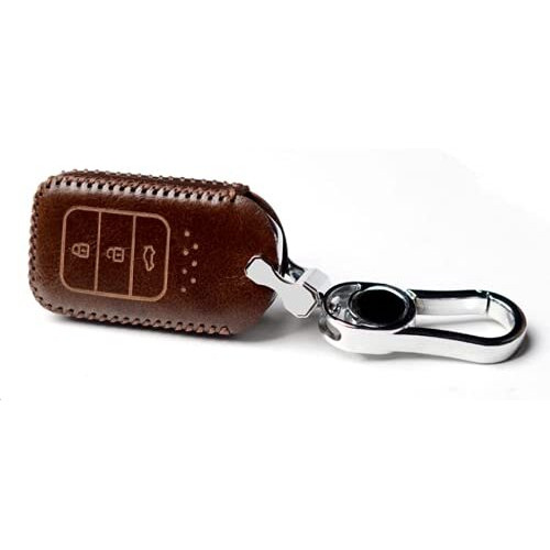Jvcv Car Styling Soft Handmade Leather Key Cover Compatible With Honda 3 Button Smart Key With Keychain (Brown)