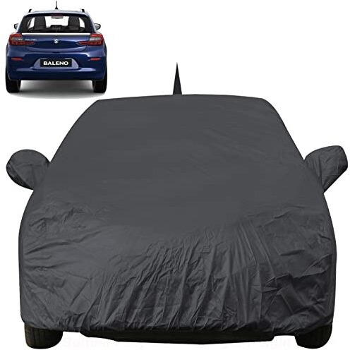Baleno Dustproof Car Cover With Mirror & Antenna Pockets, Grey Color, Taffeta Polyster,Triple Stitched, Compatible With Maruti Baleno Car Cover (2015 To 2024), Baleno Car Accessories