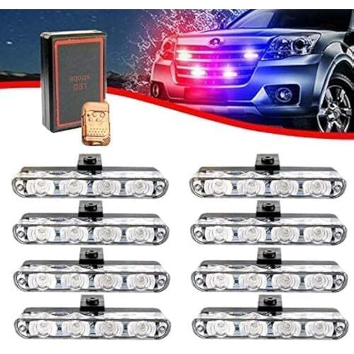 Automaze Car Police Light 8 X 4 Led With Wireless Remote, Red & Blue Police Strobe Flasher Light Dash Emergency Warning Lamp 12V