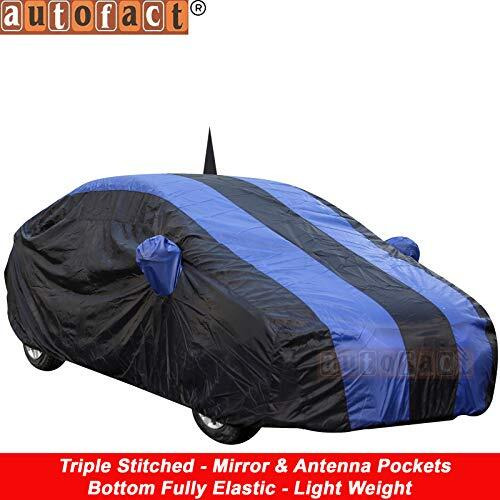 Autofact Car Body Cover For Volkswagen Polo With Mirror And Antenna Pocket (Light Weight, Triple Stitched, Heavy Buckle, Bottom Fully Elastic, Royal Blue Stripes With Navy Blue Color)