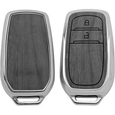 Keyzone Woodgrain Tpu Key Cover & Keychain For Toyota Innova Crysta, Innova Hycross, Hilux 2 Button Smart Key (Oak Grey)