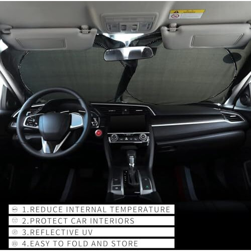 Auto Hub Car Windshield Sunshade, Reflective Polyester Blocks Heat And Sun. Foldable Sun Shield That Keeps Your Vehicle Cool (Large 147 X 68 Cm)