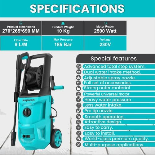 Kapicon Kp-60 Portable High Pressure Car Washer Machine For Washing Car, Bike, Vehicle, 2500 Watts Motor, 185-220 Bars, 9 L/Min Flow Rate (Updated Model)