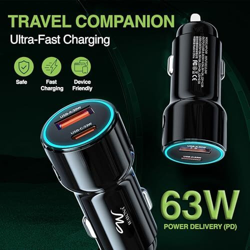 Wayona 63W Type C Car Charger Dual Port Usb A+C Pd Fast Charging, Car Accessories Adapter Compatible With Iphone 16/15 Pro/Pro Max/14/13/12/Ipad/Macbook,Samsung Galaxy S25/S24/S23