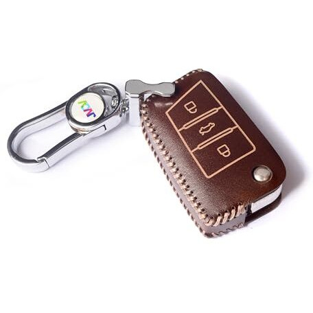 Jvcv Car Styling Soft Handmade Leather Key Cover Compatible With Skoda Kylaq Slavia Kushaq Octavia Taigun Tiguan Virtus Kodiaq Superb Folding Key (Brown)