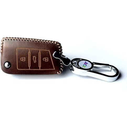 Jvcv Car Styling Soft Handmade Leather Key Cover Compatible With Skoda Kylaq Slavia Kushaq Octavia Taigun Tiguan Virtus Kodiaq Superb Folding Key (Brown)