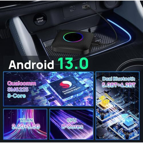 Techadro Led Carplay Ai Box Android 13.0 - Qualcomm 8-Core Sm6225, 8Gb Ram + 128Gb Rom, Supports Wired Carplay And Touchscreen Cars, Built-In 4G, (Model Tbox Ai Pro)