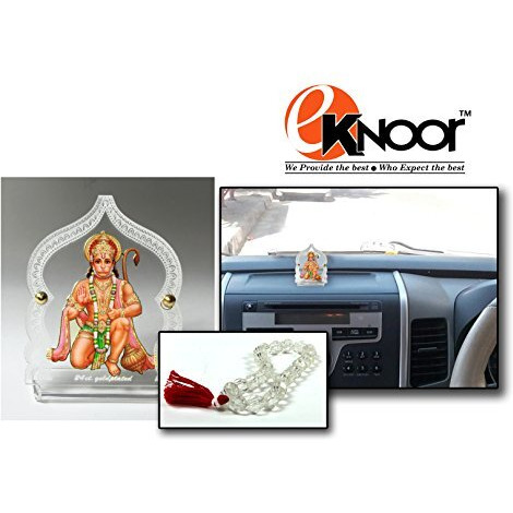 Eknoor Acrylic Gold Plated Hanuman Ji Idol With Prayer Beads For Car Dashboard, Puja Ghar And Offices (4 Cm X 8 Cm X 6.5 Cm, Multicolour), Idol