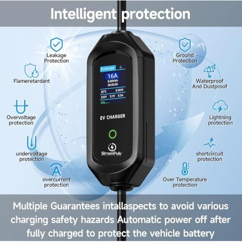 Strompuls 7.2 Kw Portable Ev Charger, Smart App, 1 Phase, 2.6Inch Large Screen, Ip65, 5 Meter Tpu Cable, Adjustable Amp, Bag,Wall Holder Clips,Emergency Earthing Off Option, 5 Years Warranty* (Bundle)