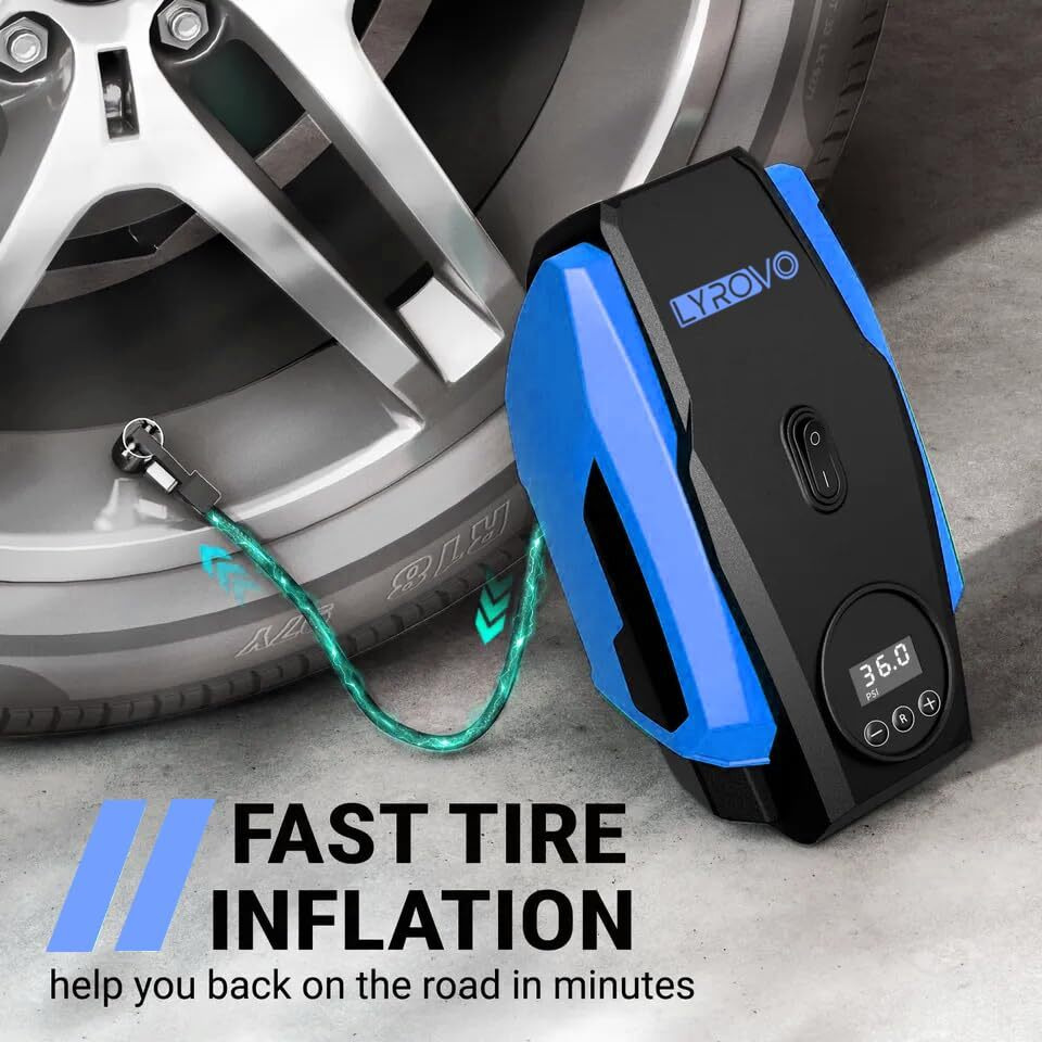 Lyrovo Tyre Inflator Portable Air Compressor Tire Air Pump For Car Tires - Car Accessories, 12V Dc Auto Pump With Digital Pressure Gauge, Emergency Led Light For Bicycle, Balloons (Ly1166, Blue)