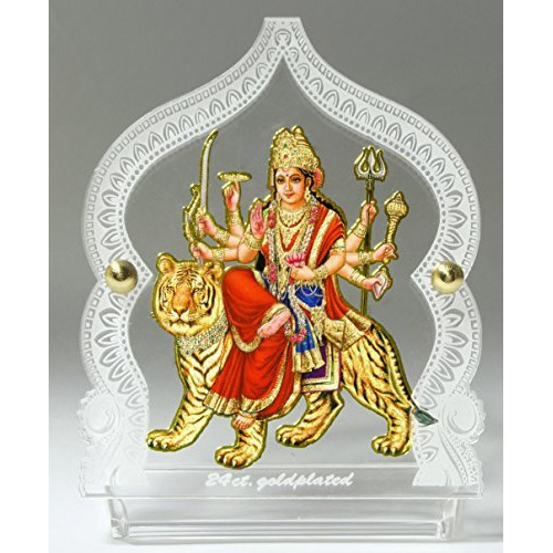 Eknoor 24 Carat Gold Plated Foil Durga Ji God Idol Figurine On Solid Thick Acrylic Base For Car Dashboard, Puja Ghar And Office (Gp)