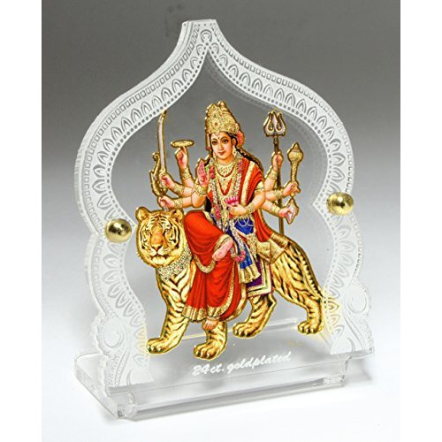 Eknoor 24 Carat Gold Plated Foil Durga Ji God Idol Figurine On Solid Thick Acrylic Base For Car Dashboard, Puja Ghar And Office (Gp)