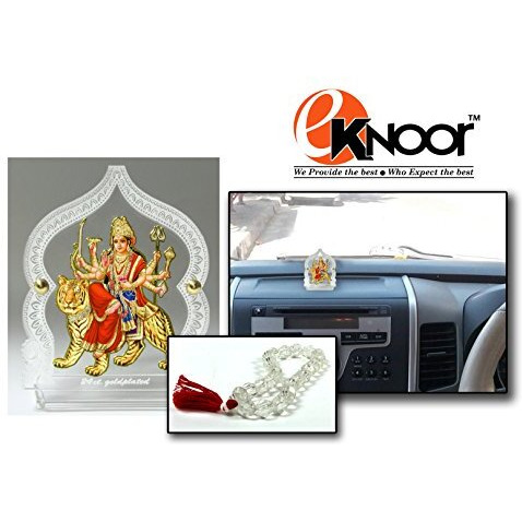 Eknoor 24 Carat Gold Plated Foil Durga Ji God Idol Figurine On Solid Thick Acrylic Base For Car Dashboard, Puja Ghar And Office (Gp)