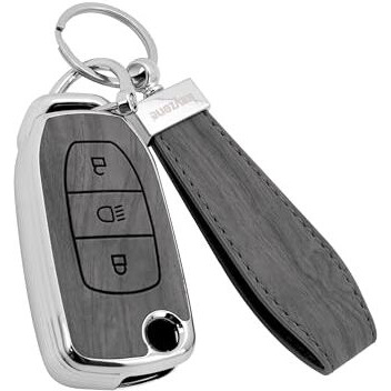 Keyzone Woodgrain Tpu Key Cover & Keychain For Tata Curvv, Nexon, Harrier, Safari, Punch, Altroz, Tiago, Tigor 3B Flip Key (Oak Grey)