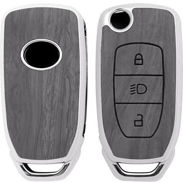 Keyzone Woodgrain Tpu Key Cover & Keychain For Tata Curvv, Nexon, Harrier, Safari, Punch, Altroz, Tiago, Tigor 3B Flip Key (Oak Grey)