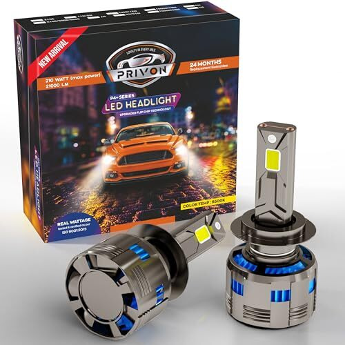 Privon Led Headlight Bulb For Car (White Led Headlight For Car, 6500K) With External Canbus Ballast Driver, 02 Years Replacement Guarantee (Car Led Headlights Bulb) (210 Watts, H7/H18)