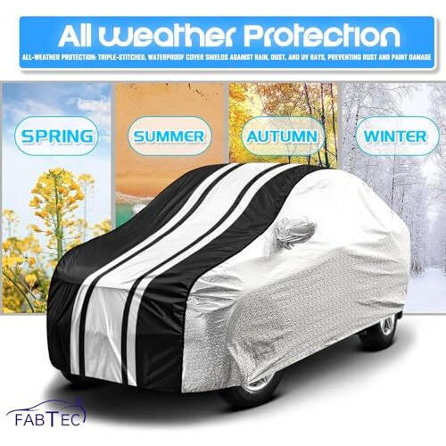 Fabtec Car Body Cover For Hyundai Venue Waterproof Uv & Rain Protection Metallic Silver With Black Stripes Car Cover With Mirror Pocket Bottom Elastic Full Size Car Cover