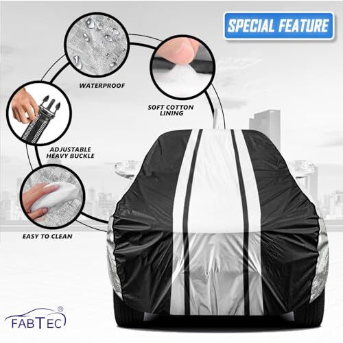 Fabtec Car Body Cover For Hyundai Venue Waterproof Uv & Rain Protection Metallic Silver With Black Stripes Car Cover With Mirror Pocket Bottom Elastic Full Size Car Cover