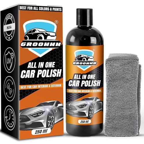 Groommm All In One Car Polish Kit 250Ml For Exterior & Interior Surface | Suitable For All Metal, Plastic & Rubber Surface | All Paint Friendly Bike Polish For Shine | Tyre Polish & Car Wax | Pk Of 1