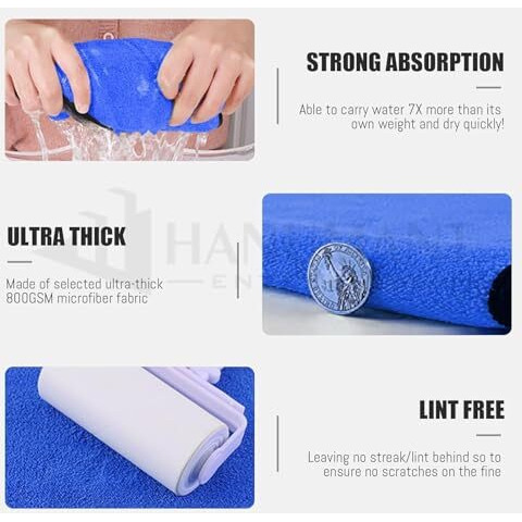 H Hanumant Enterprise 3 Pcs Premium Microfiber Towels For Cars Wash Drying 800Gsm Thick Plush Cleaning Cloth Auto Detailing Super Absorbent For Interior & Exterior Lint Free, Streak Free, 40X40 Cm