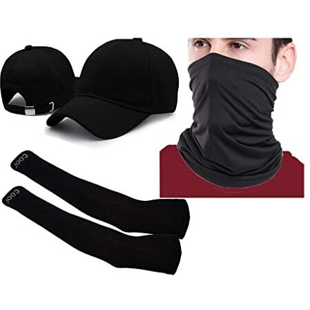 Homeistic Applience Men's And Women's Cotton Lycra Comfortable Summer Accessories Black Combo Offer (Cap, Arm Sleeves, Bandana Mask, Pack Of 3)