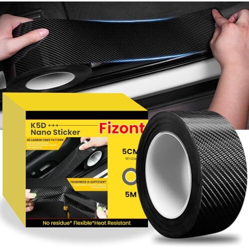 Fizont Carbon Fibre Rubber Scratch Tape Sticker High Gloss Entry Guard Protector Strip Anti-Scratch Tape For Bumper Door Sill Strips (5Cm X 5Meter) (Black)