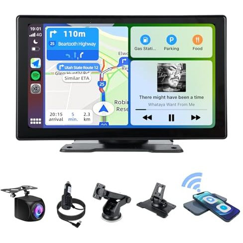 Plimpton Upgraded Portable Carplay For Android Auto Screen For Car, 9 Inch Ips Touch Screen Wireless Car Play Driveplay Multimedia Player With Rear Backup Camera, Voice Control, Fm, Gps, Mirror Link