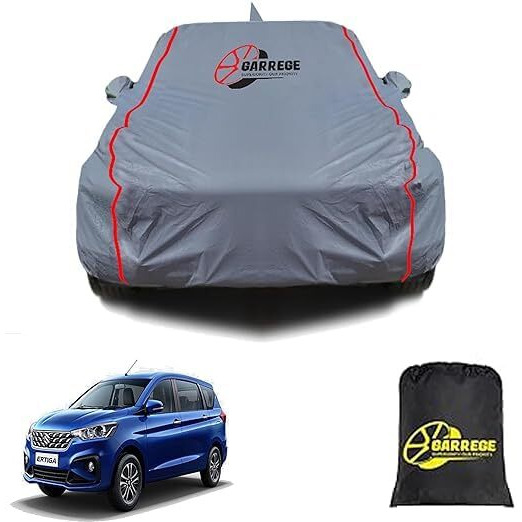 Garrege Waterproof Car Body Cover Compatible With Maruti Suzuki Ertiga Vxi (O) Cng Mirror And Antenna Pocket, Triple Stitched (Heat Resistant Us Grey With Red Piping)