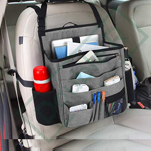Double R Bags Polyester Car Back Seat Organizer With Laptop And Tablet Mobile Storage Bag Pockets For Automobiles Front Seat, Universal Car Seat Accessories Organiser With Back Adjustable Straps,Grey
