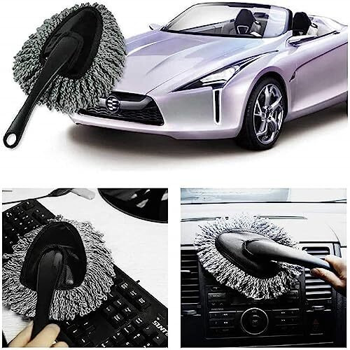 Fuelbyte Microfiber Car Duster With Handle For Car Interior Cleaning Brush Mop Duster For Car Cleaning Brush With Handle Wet & Dry Car Washing Brush Ideal Car Accessories (2 Small Duster)