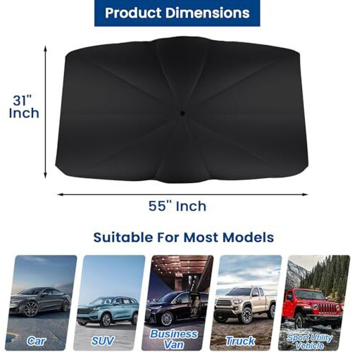 Allextreme 55''X31'' Car Sun Shade Windshield Cover Uv Block Protector, Foldable Auto Umbrella Sunshade For Front Window Heat Insulation & Protection, Universal Fit For Cars (Pack Of 1, Black, M)