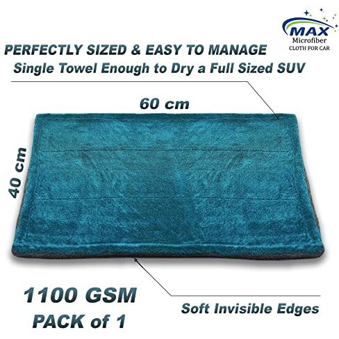 Max Microfiber Cloth For Car (1100 Gsm, 1 Pc, 40 X 60 Cm) Fastest Drying Towel, Double Sided, Twisted Loop, Long Pile, Super Water Absorbent & Lint Free Towel With Edgeless Design For Professional Car Drying & Cleaning