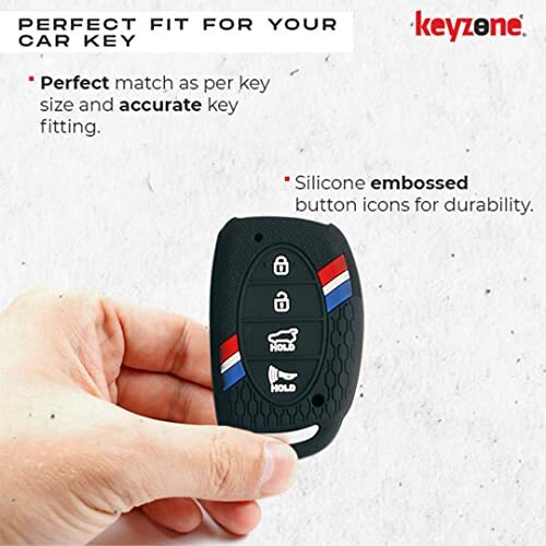 Keyzone Striped Silicone Key Cover Compatible For Venue, Elantra, Tucson, I20 N Line 2021, Creta 2020, I20 2020 Model With 4 Button Smart Key (Black)
